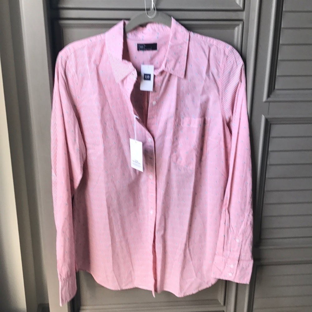 NWT peach w green polka dot collared shirt GAP szL